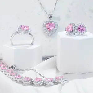 [Sold Out Soon]VIVANTIQUE Pink Heart Fine Jewelry Set Adjustable Ring Bracelet Necklace Stud Earrings