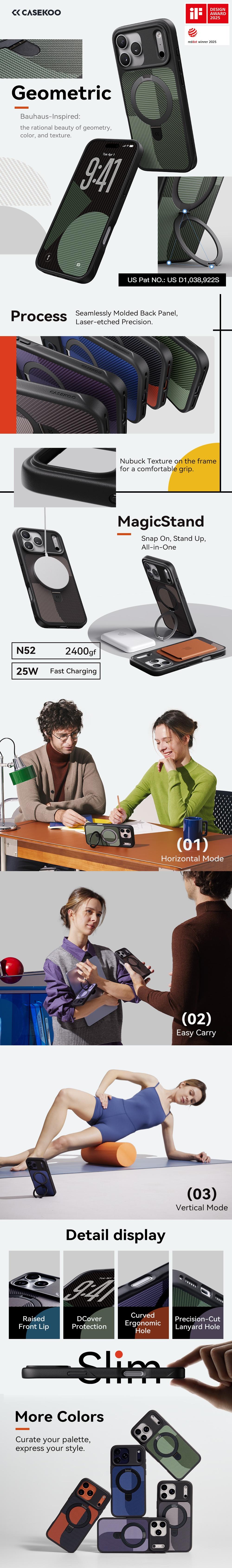 CASEKOO Geometric-Design for iPhone 17 Pro Case with Ultra-Magnetic Stand [Military Drop Protection] [Compatible with MagSafe] Shockproof Slim Ring Holder Case for iPhone 17 Pro6.3", Green,Purple,Brown