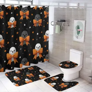 Shower Curtain 4 Piece Sets Halloween Bows Ghost with Non-Slip Rugs,Toilet Lid Cover and Bath Mat,Bathroom Set Holiday Home Decor