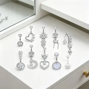 12Pcs Dangle Belly Button Rings, 316L Surgical Steel Hypoallergenic Navel Piercing Jewelry, Sparkling CZ Heart & Flower Design, Reverse Dangling Navel Rings, Stylish Body Piercing Accessories for Women Daily & Party Wear