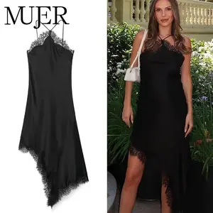 MUJER Black Lace Halter Dress Woman Satin Backless Long Dresses for Women off Shoulder Midi Dress Asymmetric Slip Women's Dress