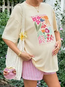 Zesty Maternity Maternity 2 Piece Set Teal Floral Drop Shoulder Top Adjustable Waist Shorts Summer Photoshoot