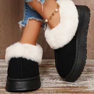 Cozy Platform Winter Slippers for Women Plush Trimmed Slip On Warm Mules Outdoor House Shoes