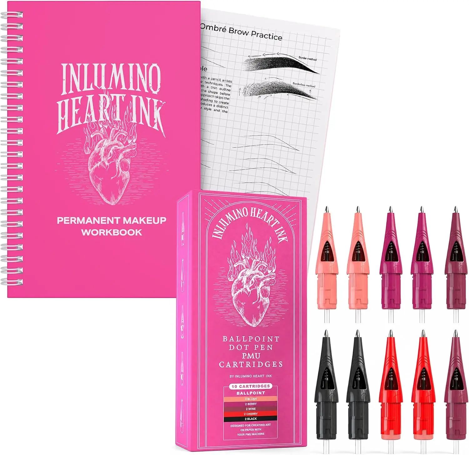 Practice Makes Pro Bundle - Permanent Makeup Workbook & 10-Pack PMU Ballpoint Cartridges for Precise Practice & Skill Refinement