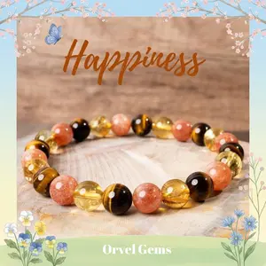 Happiness Healing Crystal Bracelet  | 8mm Sunstone, Citrine, Tiger's Eye, Rose Quartz, Lapis Lazuli Beads | Crystal Jewelry for Joy, Harmony, and Prosperity B018 Perfect for Men, Women, Couples, and Friends | Ideal for Daily Wear, Meditation, Gift