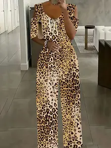 Women's Plus Size Fashion Leopard Print Jumpsuit, Womenswear, Casual Daily Wear, Street Style, Comfortable and Stylish One-Piece