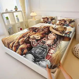 3Pcs Whimsical Cowboy Themed Fitted Sheet Set, Adorable Girl with Butterfly Hat and Playful Calf Print, Soft and Cozy Bedding for Dreamy Bedrooms, Perfect for Pastoral Charm and Kids' Rooms Includes 2 Pillowcases, No Pillow Core