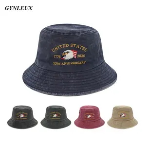 United States 250th Anniversary 1776 2026 Eagle Embroidered Bucket Hat Vintage Washed Cotton Fisherman Hat For Men And Women Patriotic Daily Wear Accessory