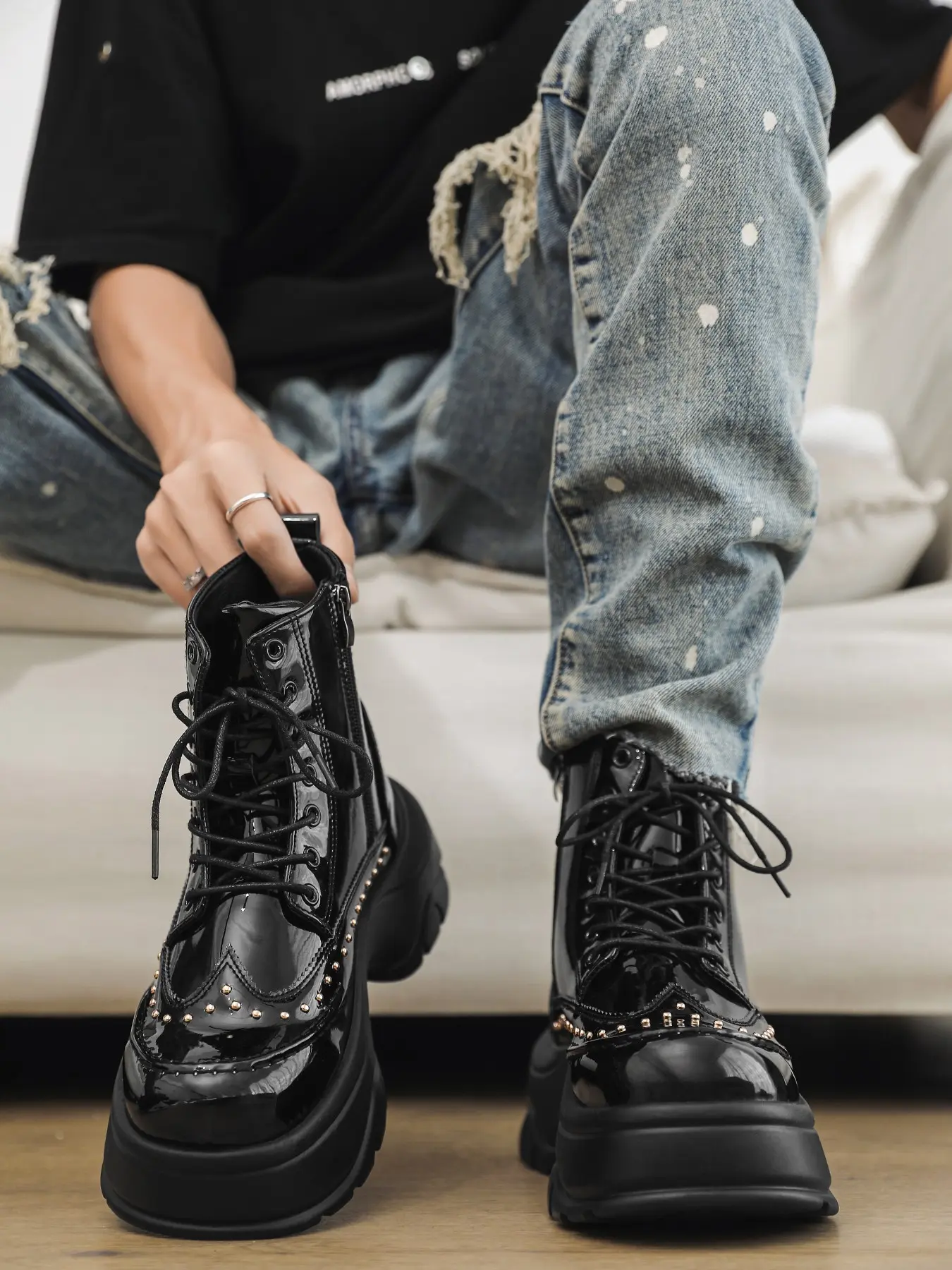 Men\'s Patent Leather Rivet Platform Motorcycle Boots with Side Zipper Fashion Men main image 4