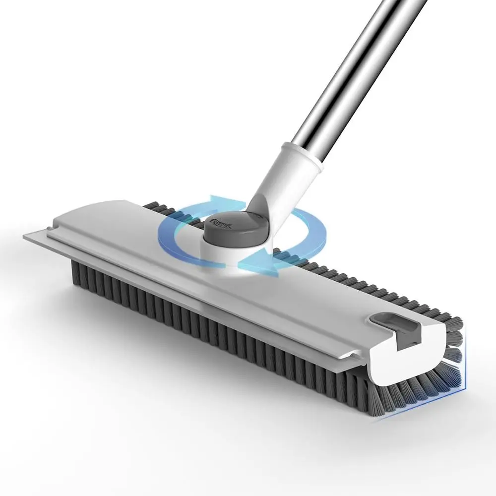 3-in-1 Spin Brush Scrubber with 360-Degree Rotatable Head, Long Extendable Pole & Attached Squeegee, Durable Rigid Bristles, Home Cleaning Products for Bathroom & Kitchen, White&Grey