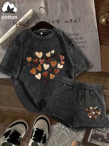 Valentine's Day Heart Print Cotton Women's Set, Two-Piece Casual Short Sleeve T-Shirt and Shorts, All Seasons Ladies