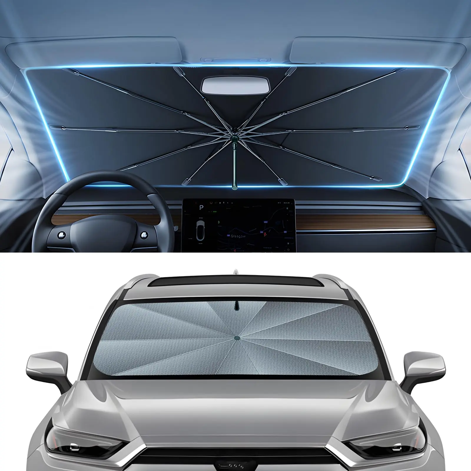 Collapsible automotive front windshield sun barrier, lightweight portable sun shade frame with foldable structure, heat-insulating windshield visor cover, summer UV protection car interior accessory, car accessories