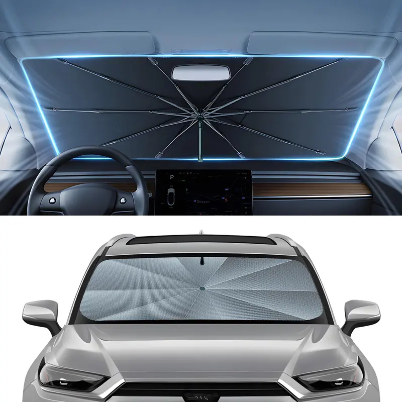Collapsible automotive front windshield sun barrier, lightweight portable sun shade frame with foldable structure, heat-insulating windshield visor cover, summer UV protection car interior accessory, car accessories