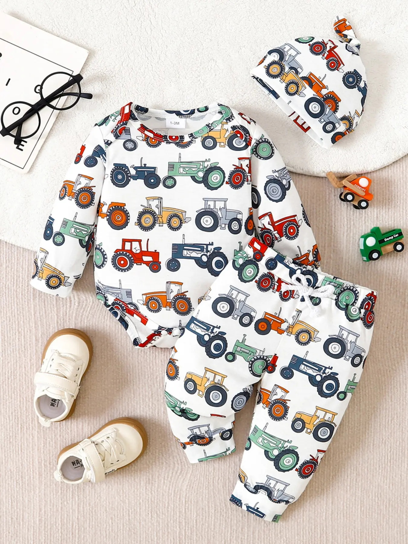 Baby Tractor Print Set, Includes Romper, Pants & Hat, Fun Mechanical Style, Realistic Colors, Soft Fabric, Newborn Daily Wear