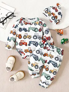 Baby Tractor Print Set, Includes Romper, Pants & Hat, Fun Mechanical Style, Realistic Colors, Soft Fabric, Newborn Daily Wear