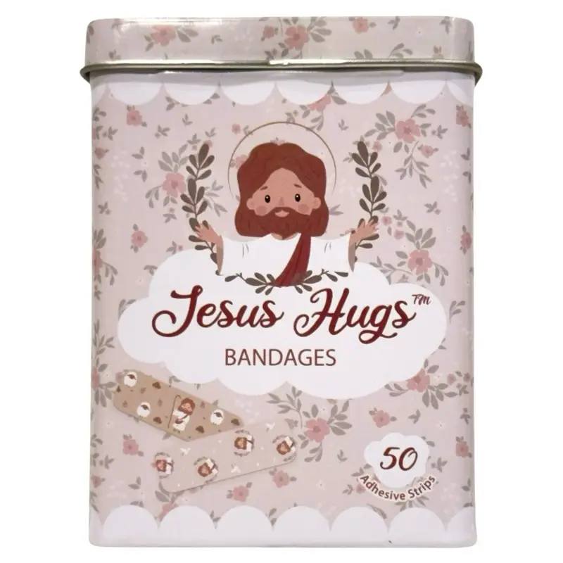 Jesus Hugs Bandages - 50 Sterile Adhesive Strips with 5 Designs - OuchieOut-, Bandaid, Latex-Free & Water Resistant, Safe for Children & Adults, 3.75"