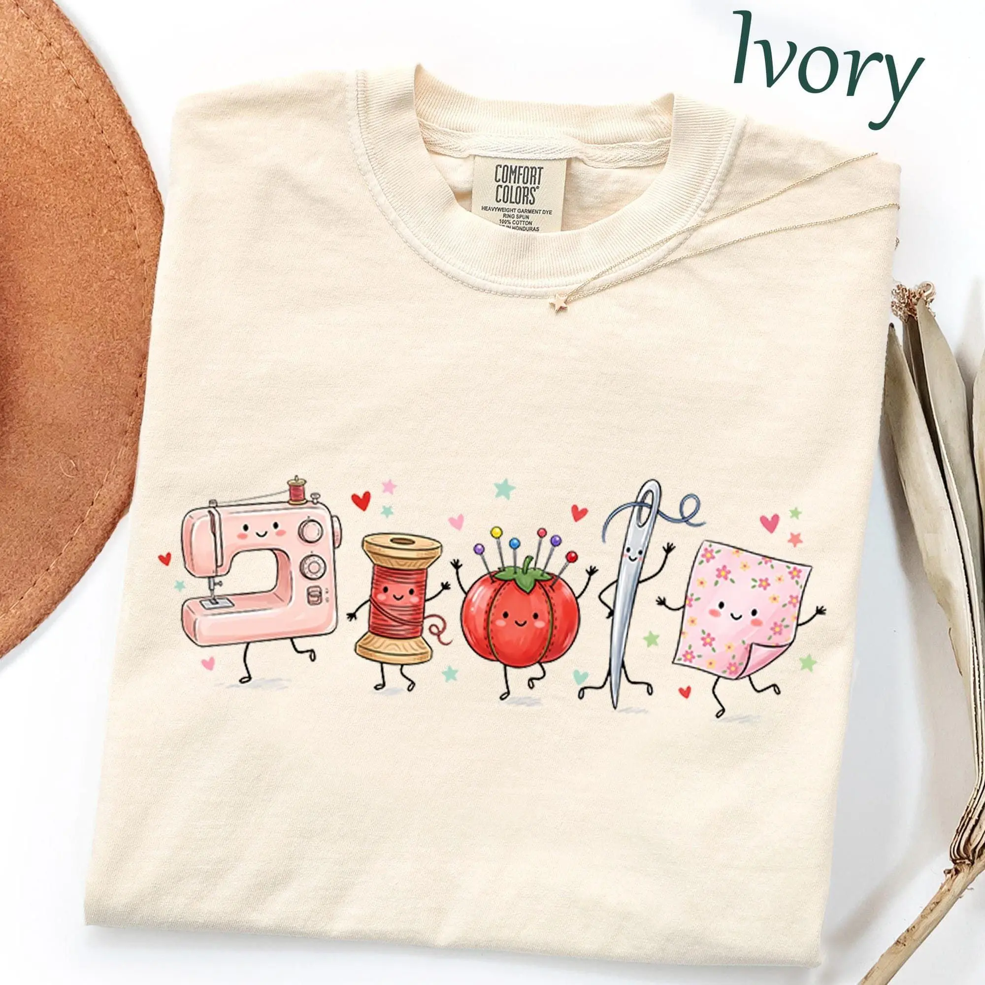 Comfort Colors Sewing Doodle Character Shirt, Quilter and Crafter Shirt, Sewing Machine Thread Needle Fabric Shirt, Funny Sewing Lover Gift