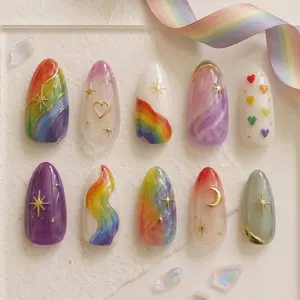 Pastel Rainbow Marble Press On Nails | Handmade Luxury Glue On Nails with Gold Heart Charms | Reusable Fake Nails | Cute Pride Inspired Nail Art Set
