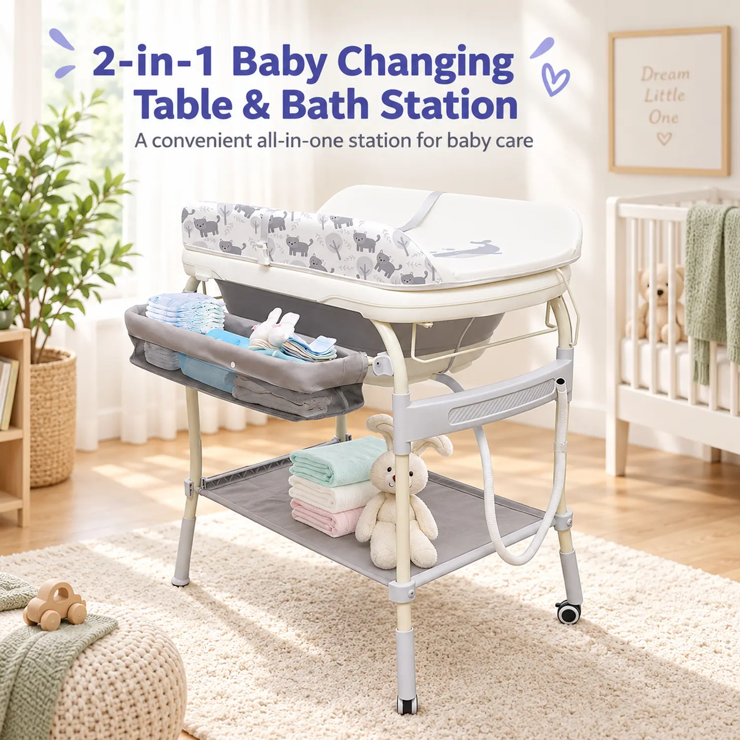 2 In 1 Safety Collapsible Baby Bathtub With Changing Table,Waterproof Diaper Changing Station Portable Travel Cute Care Baby Tub,Adjustable Height Nursery Organizer With Storage Racks For Newborn Infant Toddler Mom