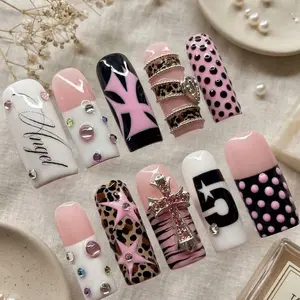 Pink Black Leopard Bow Rhinestone Long Square Press On Nails, Y2K Coquette Set