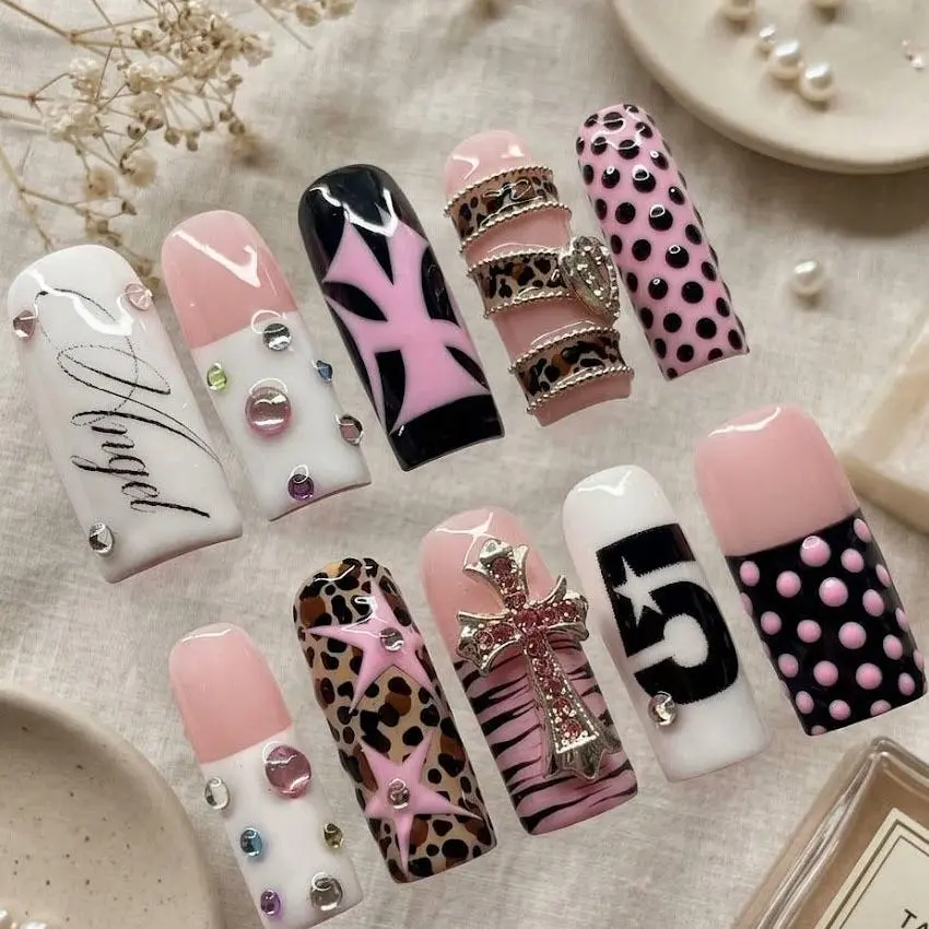 Pink Black Leopard Bow Rhinestone Long Square Press On Nails, Y2K Coquette Set