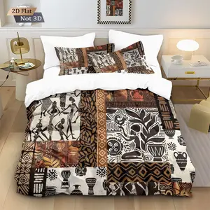 Vintage African Tribal Patchwork Duvet Cover Set (1 Duvet Cover+ 2 Pillowcases), Boho Ethnic Figure Totem Soft Bedding for Cozy Bedroom Decor
