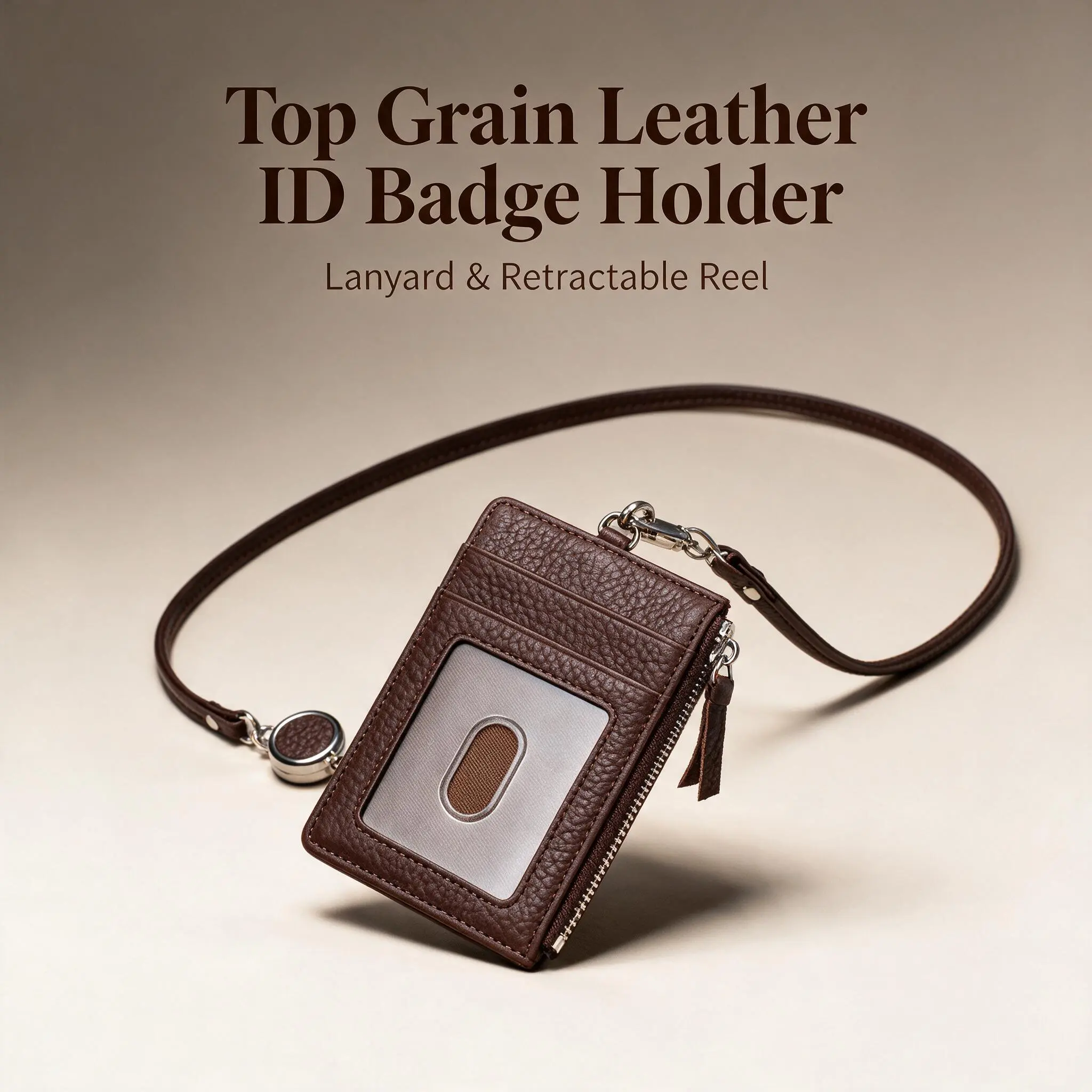 Top Grain Leather ID Badge Holder with Lanyard, Retractable Badge Reel Card Organizer, Clear ID Window Card Holder with Zipper Coin Pocket, Multiple Slots Neck Wallet for Work Office School, Men Women