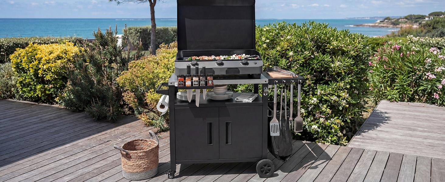 K&K Outdoor Grill Cart with Storage Cabinet, Foldable Table, Pizza Oven Table, Stainless Steel Top, Hooks, Spice Rack, Waterproof Cover, 4 Secure Locking Wheels, Heavy Duty Structure, 45 Gallons Closed Storage, 20 Gallons Open Storage