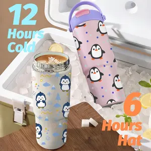 PIKPAKA Penguin Pattern Vacuum Flasks 700ml Ceramic Lined Tumbler with Tea Infuser & Hidden Straw, Vacuum Insulated Travel Mug, Long Cold Retention Coffee Water Bottle with Handle & Non-Slip Base