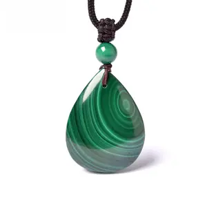 Natural Malachite Pendant Necklace – Teardrop Green Crystal Amulet with Unique Stripes, Handmade Rope Jewelry for Men & Women, Vintage Boho Style, Protective Healing Gift