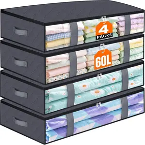 Large Under Bed Storage Bins, 4 Pack Blanket Storage Bags, Collapsible Storage Bags with Big Zippers, Clear Front, Shoe Storage and Organization for Clothes, Comforter, 60L, Grey   Organiser