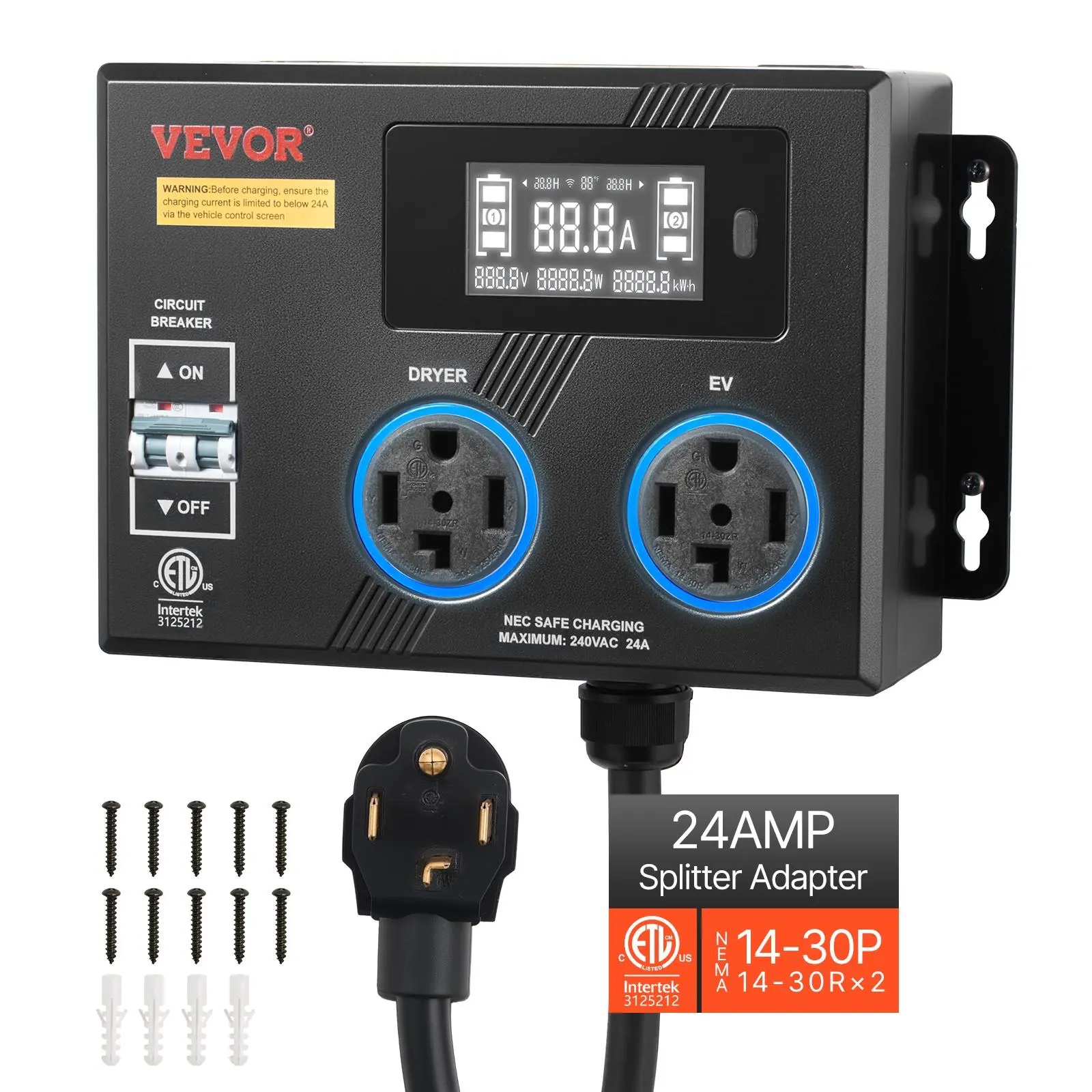 【Summerfinds】VEVOR Automatic EV Charging Switch with Auto SequenceNEMA 14-30 Dryer & EV Charger Splitter24A Max 240V Smart Power DistributionCircuit BreakerReal-Time DisplayPlug-and-PlayETL Listed for EVsOvens
