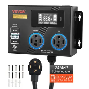 VEVOR Automatic EV Charging Switch with Auto Sequence, NEMA 14-30 Dryer & EV Charger Splitter, 24A Max 240V Smart Power Distribution, Circuit Breaker, Real-Time Display, Plug-and-Play, ETL Listed for EVs, Ovens