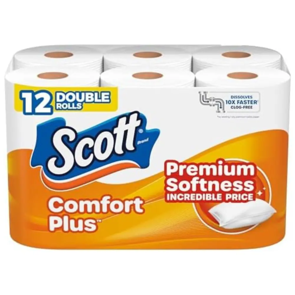 Scott ComfortPlus Toilet Paper, 12 Double Rolls, 231 Sheets per Roll, Septic-Safe, 1-Ply Toilet Tissue
