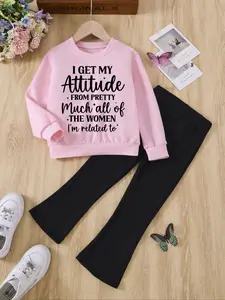 Autumn Winter New Cute Girls Fashion Letter Print Long Sleeve Sweatshirt Bell Bottom Pants Set Cute Clothing Set, Casual Fitted