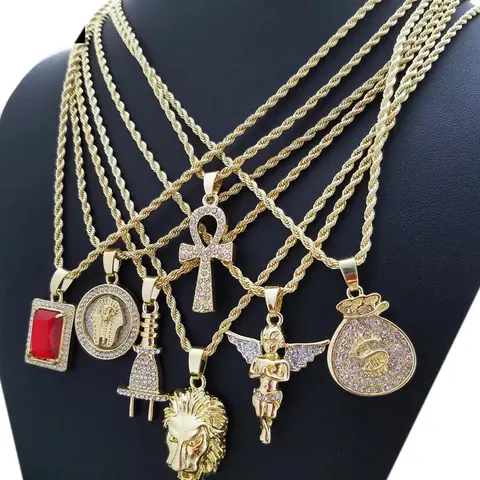 MaxBling81 Gold-Plated Hip Hop Iced Cubic Zirconia Ankh Symbol 7-Pcs Mini Pendant Necklace Set, 24-in Rope Chains, Unisex Men's Jewelry, Hot Selling Popular Necklace Combo, Casual Daily Wear, Hip Hop Accessories