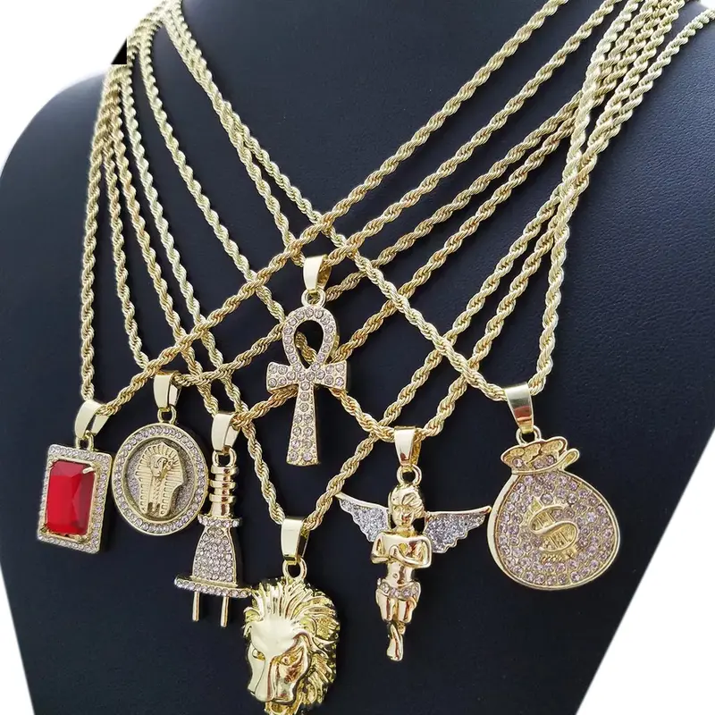 MaxBling81 Gold-Plated Hip Hop Iced Cubic Zirconia Ankh Symbol 7-Pcs Mini Pendant Necklace Set, 24-in Rope Chains, Unisex Men's Jewelry, Hot Selling Popular Necklace Combo, Casual Daily Wear, Hip Hop Accessories
