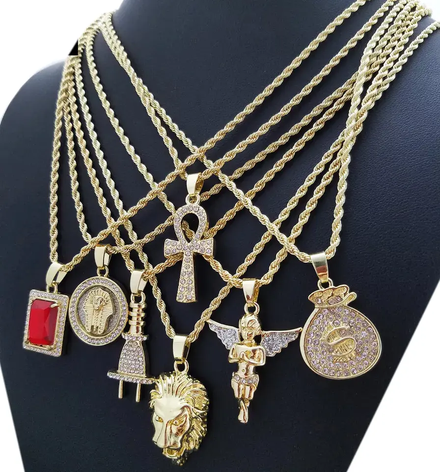 MaxBling81 Gold-Plated Hip Hop Iced Cubic Zirconia Ankh Symbol Mini Pendant Set of 7 - 24-in Rope Chains, Rapper Costume Jewelry, Hip Hop Accessories for Daily Wear