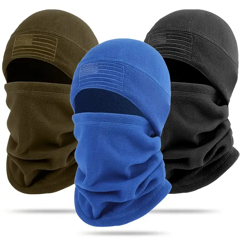 2pcs Men's Winter Windproof Balaclava & Beanie Set - Full Face Mask & Knit Hat with Flag Patch-like Strips, Multi-Color Options (Brown/Black/Blue/Dark Grey) for Skiing, Snowboarding, Cycling - Cold Weather Outdoor Gear, Thermal Wear For Men, Neck Warmer