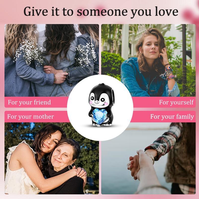 MULA cute penguin holding a heart-shaped pendant, 925 silver-plated inlaid with blue zircon and enamel - can be used with Pandora bracelets and necklaces, a perfect gift for women, girls, children