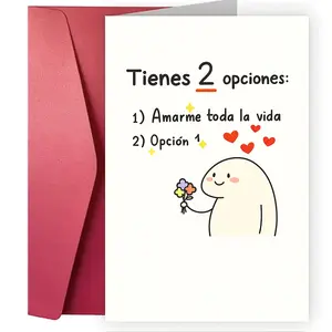 Spanish Heart Greeting Card with Cute Character Holding Flowers, Perfect for Valentine's Day & Anniversaries, Romantic Design, Custom Message Card