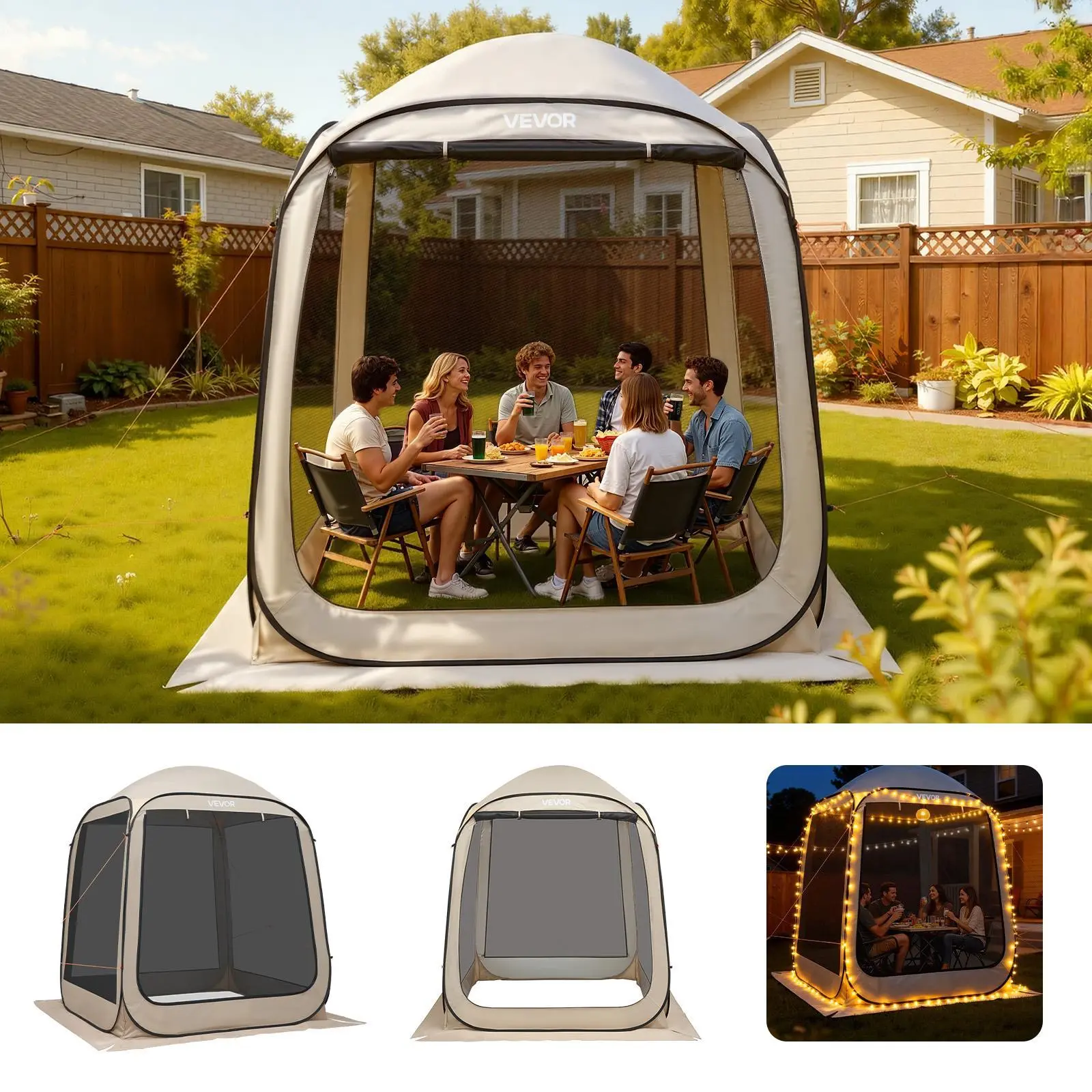 【SummerFinds】VEVOR Screen House Tent, 6 x 6 ft, 4-6 Person Pop Up Screen Tent, Portable Screened in Canopy with Carry Bag, Netting Sides, Ground Stakes, for Garden, Patio, Backyard, and Outdoor Activities, Beige
