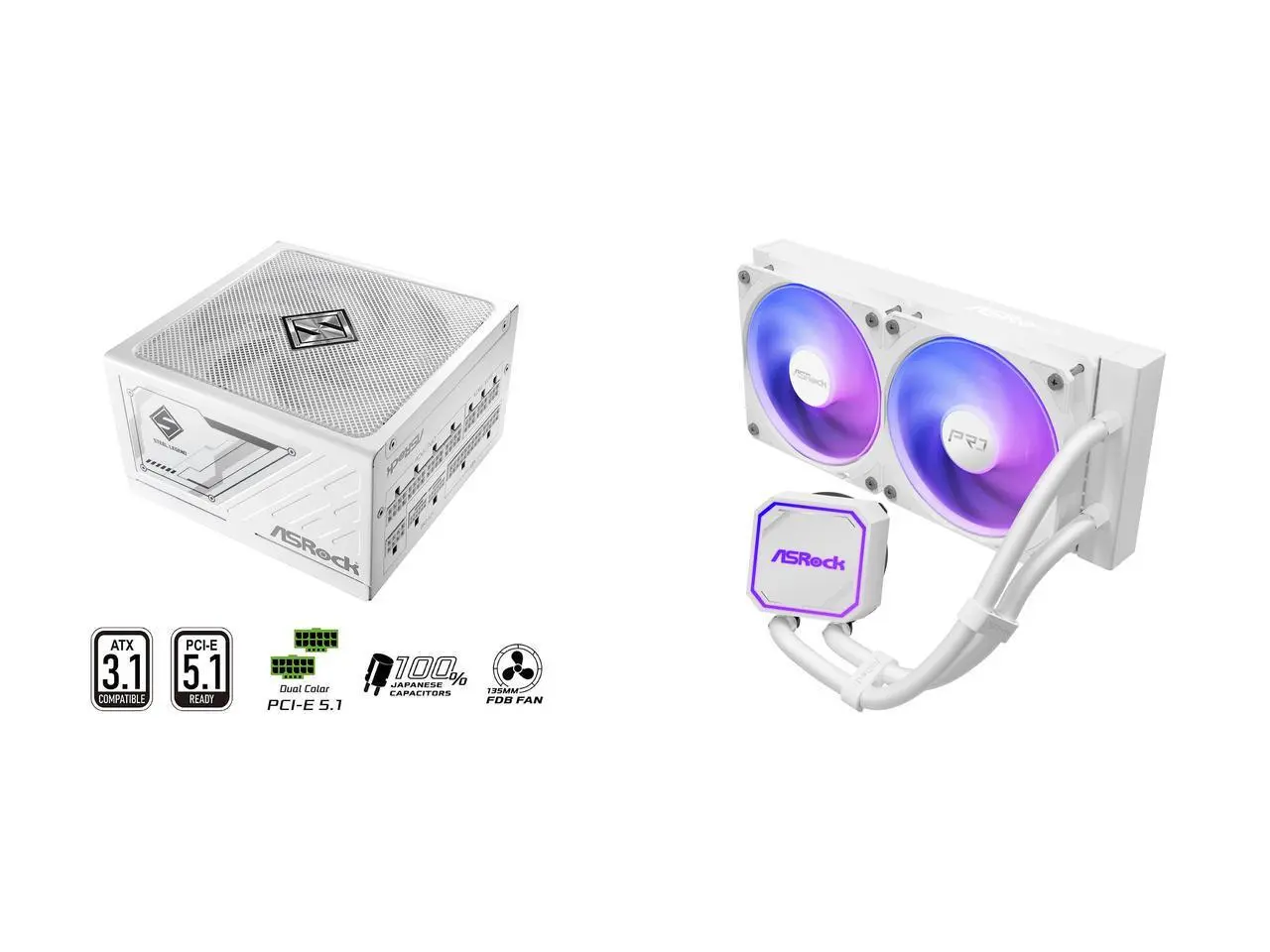 ASRock SL-1200GW Gold 1200W Full Modular Power Supply ASRock AIO Pro White 240 ARGB 27mm radiator, ARGB waterblock, ARGB Hub-lighting fan, white version