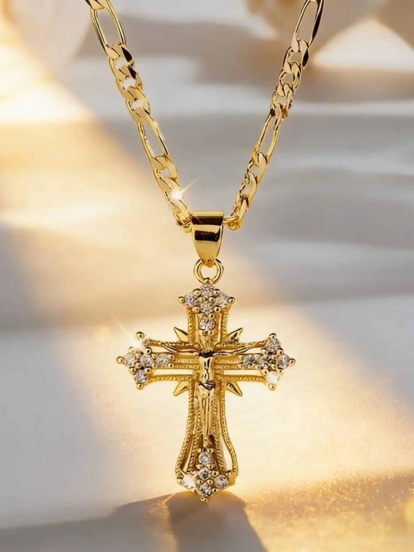 14k Titanium Jesus Cross Pendant Necklace, Cross Necklaces, Faith Cross Necklace, Link Chain Necklace, Sparkling Diamond Accent, Elegant Religious Jewelry, Perfect for Thanksgiving, Graduation, Daily Wear