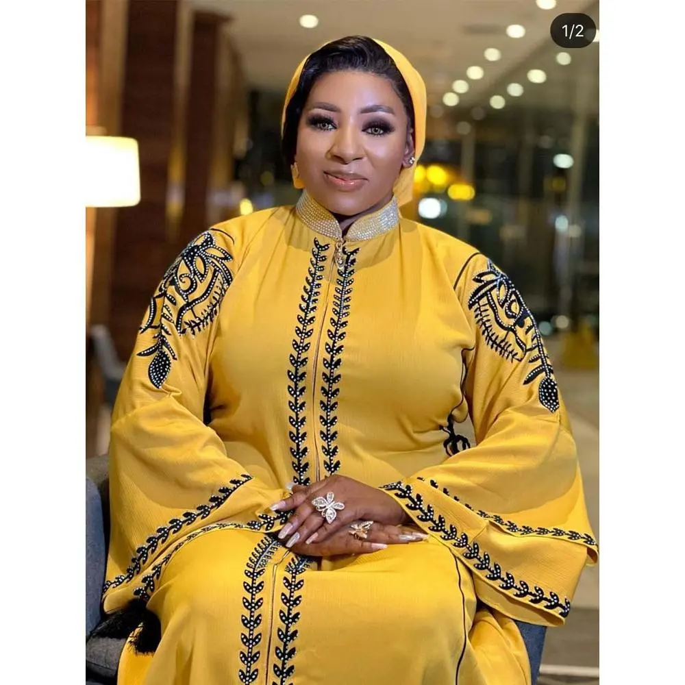 Women's High-Quality Diamond-Embroidered Collar Scarf Robe, Plain Long-Sleeve Machine-Washable All-Seasons Modest Dashiki African Muslim Dress