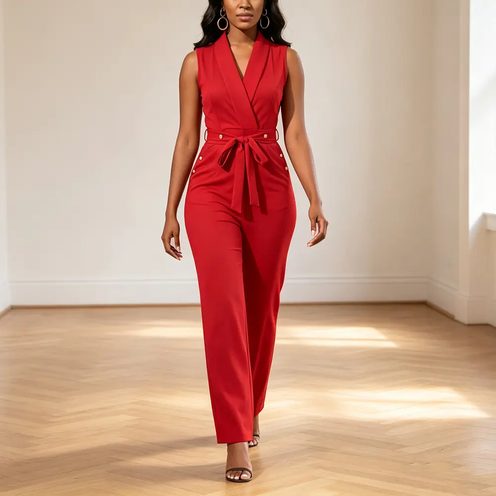 Women's Elegant Jumpsuits V Neck Sleeveless Straight Belted Long Pants Business Suits with Pockets Fit Minimalist