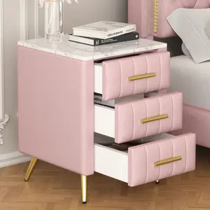 3 Drawers Nightstand with Metal Legs & Handles, Upholstered Nightstand with Faux Marble Top, Bedside Table Furniture, Velvet End Table for Bedroom, Living Room(Pink)