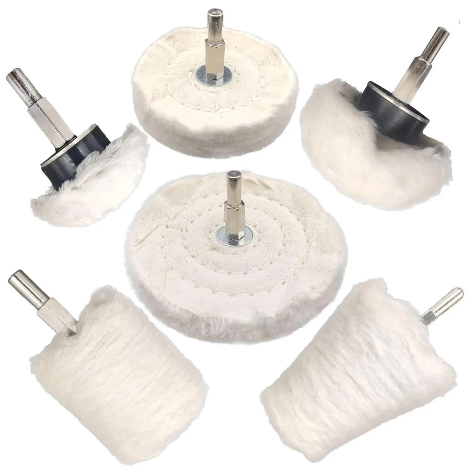 6 Pcs Drill Buffing Wheel Kit, Soft Cotton Wool Pads, Wear-Resistant Scratch-Free Versatile Polishing Tool for DIY Enthusiasts, Ceramic, Car Surfaces, Stainless Steel, Aluminum, Chrome, Jewelry, Wood, Plastic, Glass