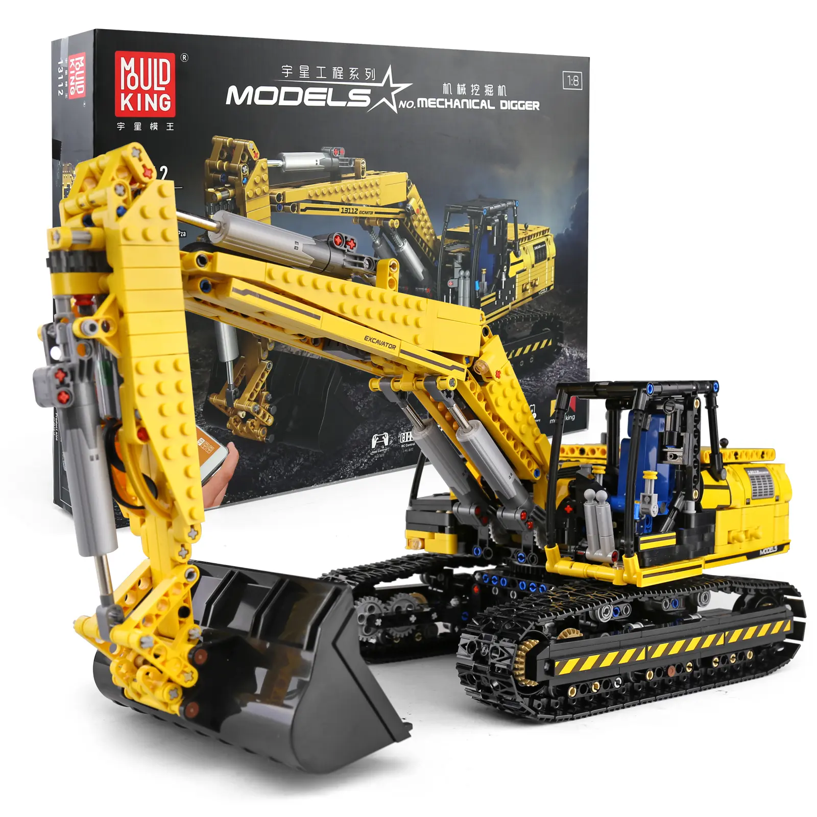 Mould King 13112 RC Excavator Building Block Sets, 1830-Piece Motorized Vehicle STEM Engineering Unisex Toy with APP Remote Control, 360-Degree Rotating Cab, 1830 Pieces