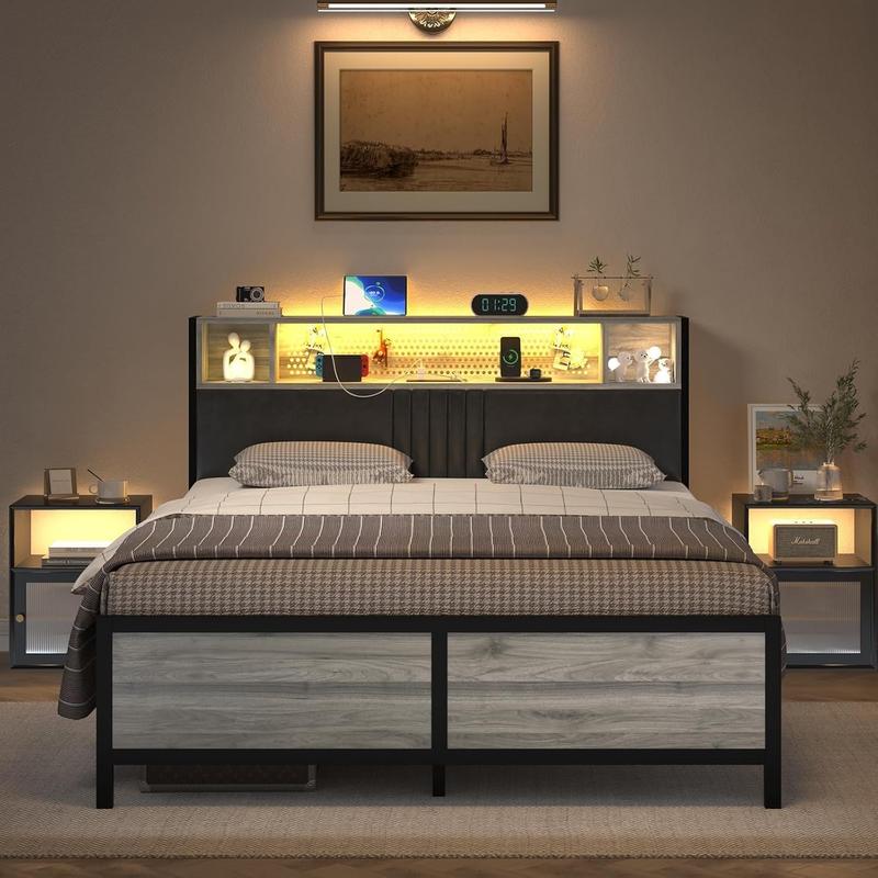 HOMBCK No mattress, Bed Frame, LED Light, Headboard Storage, Heavy Duty Metal Slat Support, No Box Spring Needed, Noise-Free